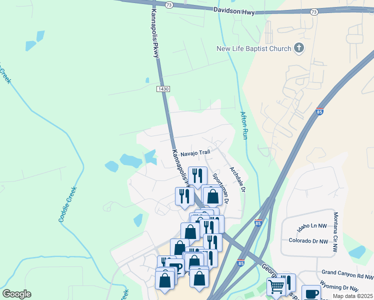 map of restaurants, bars, coffee shops, grocery stores, and more near 5950 Navajo Trail in Concord