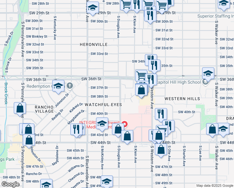 map of restaurants, bars, coffee shops, grocery stores, and more near 1031 Southwest 38th Street in Oklahoma City