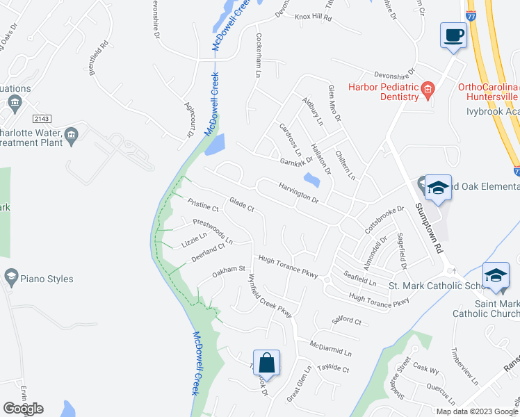 map of restaurants, bars, coffee shops, grocery stores, and more near 8616 Glade Court in Huntersville