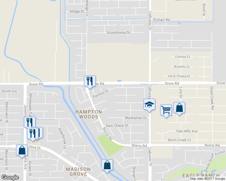 map of restaurants, bars, coffee shops, grocery stores, and more near 10125 Pavilion Drive in Bakersfield