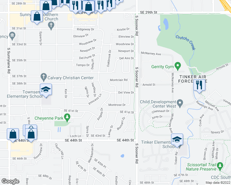 map of restaurants, bars, coffee shops, grocery stores, and more near Del View Dr & Oakbrook Dr in Del City