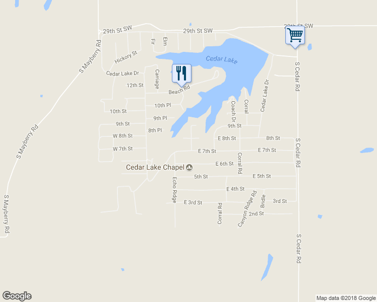 map of restaurants, bars, coffee shops, grocery stores, and more near 21730 East 7th Street in Hinton