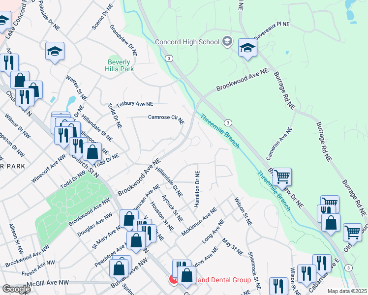 map of restaurants, bars, coffee shops, grocery stores, and more near 442 Wyndham Place Northeast in Concord