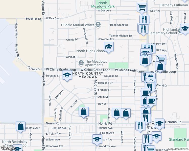 map of restaurants, bars, coffee shops, grocery stores, and more near 517 Douglas Street in Bakersfield