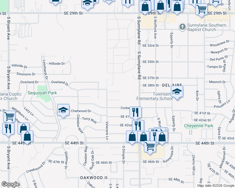 map of restaurants, bars, coffee shops, grocery stores, and more near 4124 Monica Drive in Del City