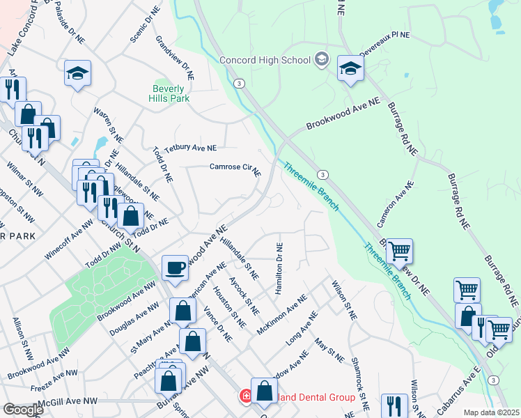 map of restaurants, bars, coffee shops, grocery stores, and more near 442 Wyndham Place Northeast in Concord