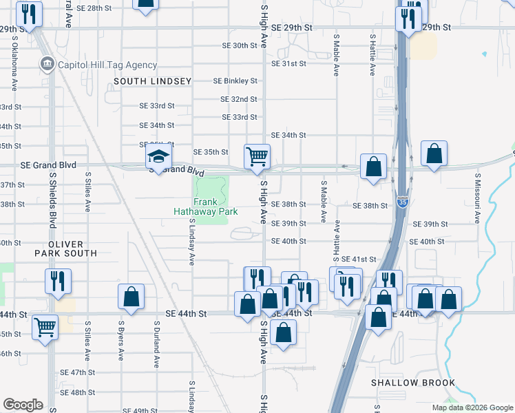 map of restaurants, bars, coffee shops, grocery stores, and more near 900 Southeast 38th Street in Oklahoma City