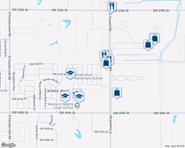 map of restaurants, bars, coffee shops, grocery stores, and more near Windscape Avenue in Oklahoma City