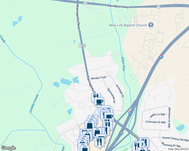 map of restaurants, bars, coffee shops, grocery stores, and more near 5950 Navajo Trail in Concord