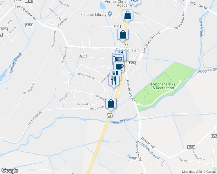 map of restaurants, bars, coffee shops, grocery stores, and more near 108 Sandpiper Court in Fletcher