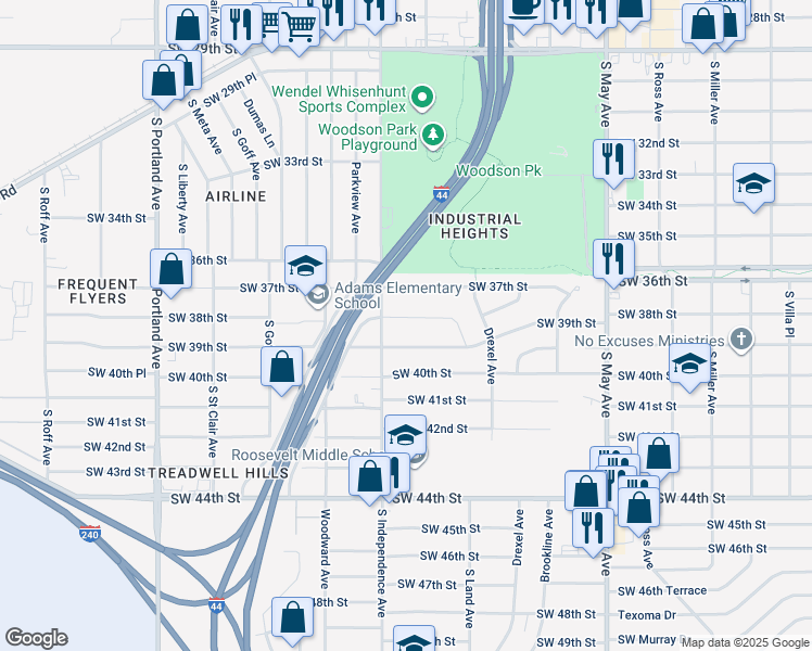map of restaurants, bars, coffee shops, grocery stores, and more near 3221 Southwest 38th Street in Oklahoma City