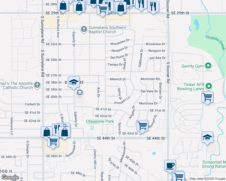 map of restaurants, bars, coffee shops, grocery stores, and more near 4725 Bomarc Circle in Del City