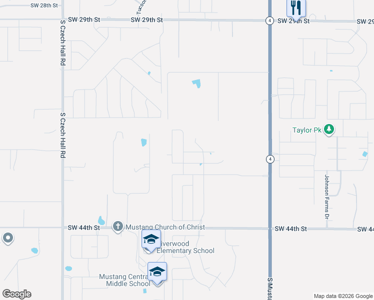 map of restaurants, bars, coffee shops, grocery stores, and more near 3621 Willow Pond Drive in Mustang