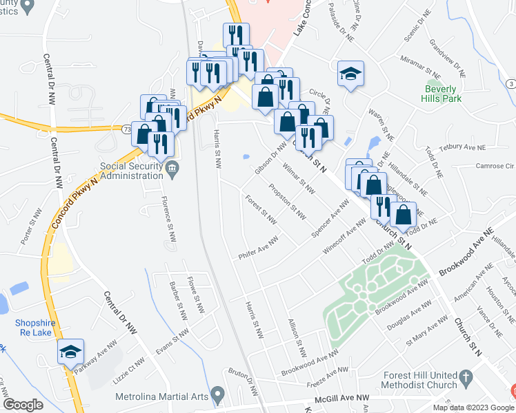 map of restaurants, bars, coffee shops, grocery stores, and more near 718 Forest Street Northwest in Concord