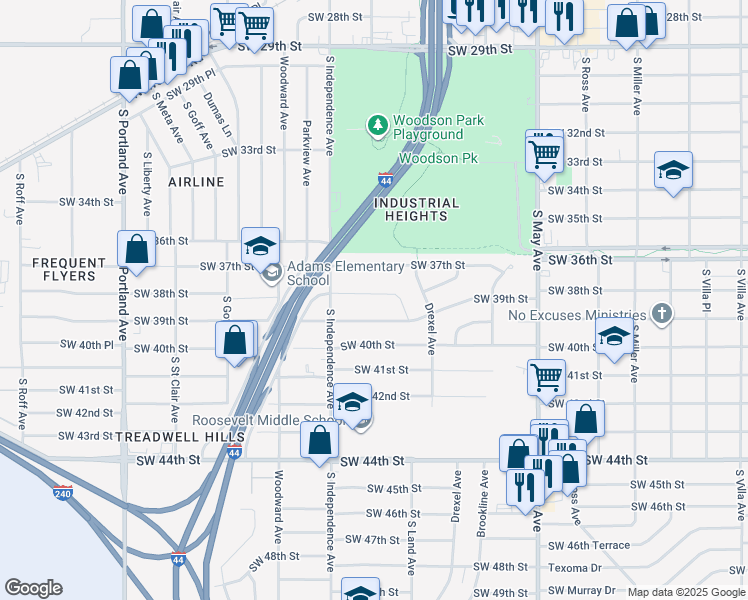 map of restaurants, bars, coffee shops, grocery stores, and more near 3122 Southwest 37th Street in Oklahoma City