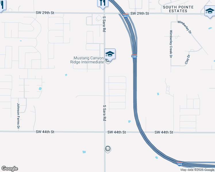 map of restaurants, bars, coffee shops, grocery stores, and more near 3583-4499 South Sara Road in Mustang