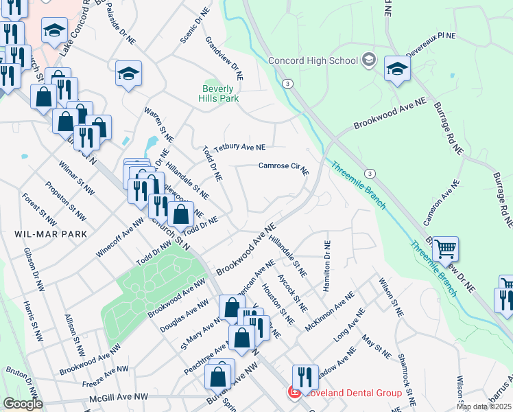 map of restaurants, bars, coffee shops, grocery stores, and more near 593 Camrose Circle Northeast in Concord