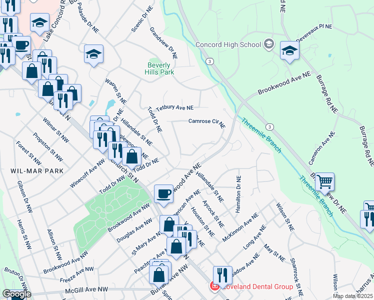map of restaurants, bars, coffee shops, grocery stores, and more near 593 Camrose Circle Northeast in Concord