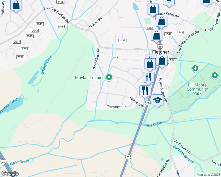 map of restaurants, bars, coffee shops, grocery stores, and more near 997 Thorncrest Court in Fletcher