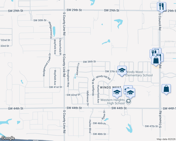 map of restaurants, bars, coffee shops, grocery stores, and more near 8605 Southwest 36 Terrace in Oklahoma City