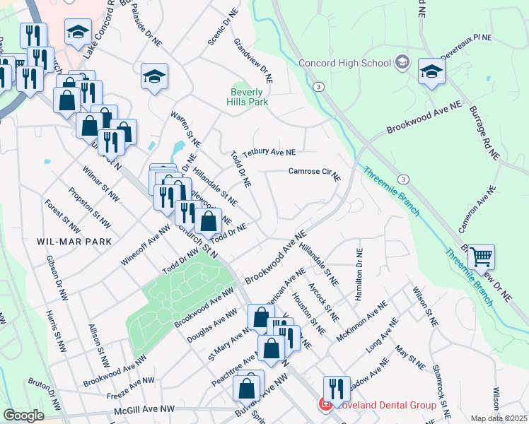map of restaurants, bars, coffee shops, grocery stores, and more near 494 Todd Drive Northeast in Concord