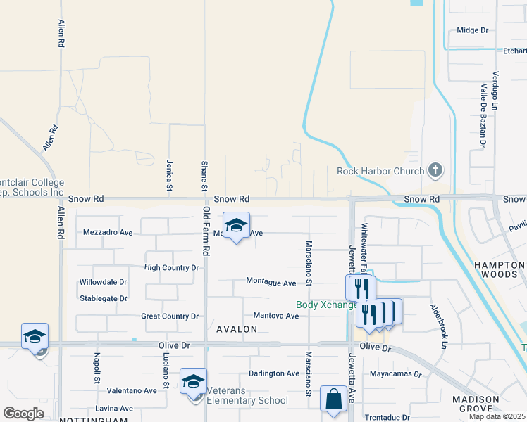 map of restaurants, bars, coffee shops, grocery stores, and more near 11712 Novara Avenue in Bakersfield