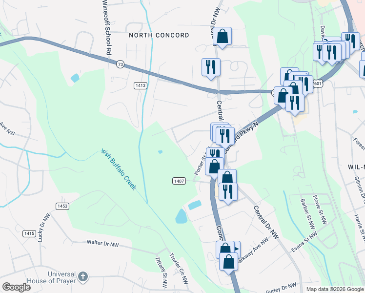 map of restaurants, bars, coffee shops, grocery stores, and more near 298 Collingswood Drive Northwest in Concord