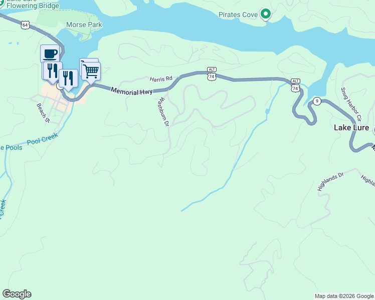 map of restaurants, bars, coffee shops, grocery stores, and more near 152 Mistletoe Park in Lake Lure