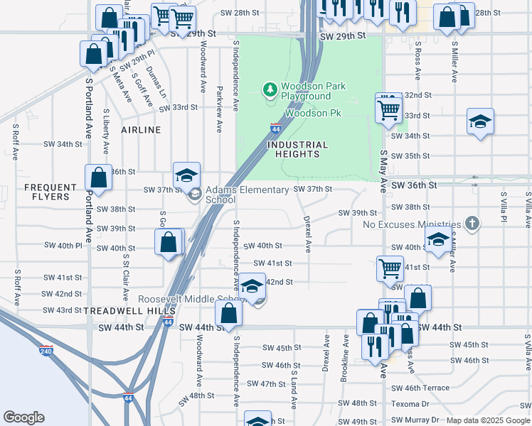 map of restaurants, bars, coffee shops, grocery stores, and more near 3122 Southwest 37th Street in Oklahoma City