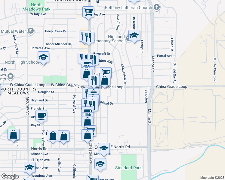 map of restaurants, bars, coffee shops, grocery stores, and more near 2202 Bedford Way in Bakersfield
