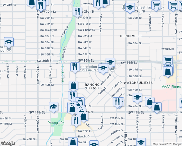 map of restaurants, bars, coffee shops, grocery stores, and more near 1528 Southwest 37th Street in Oklahoma City
