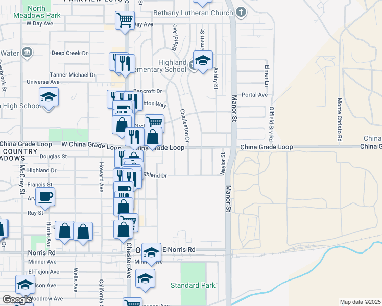 map of restaurants, bars, coffee shops, grocery stores, and more near 2212 Watson Street in Bakersfield