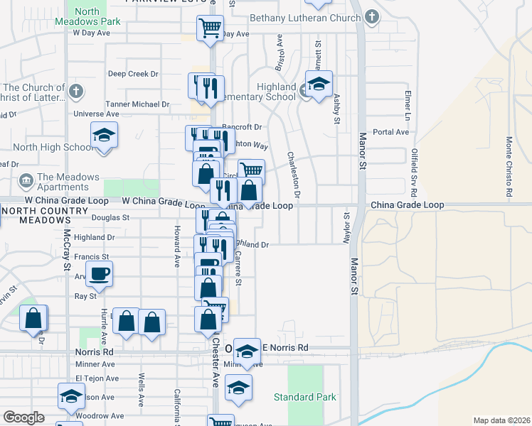 map of restaurants, bars, coffee shops, grocery stores, and more near 2202 Bedford Way in Bakersfield