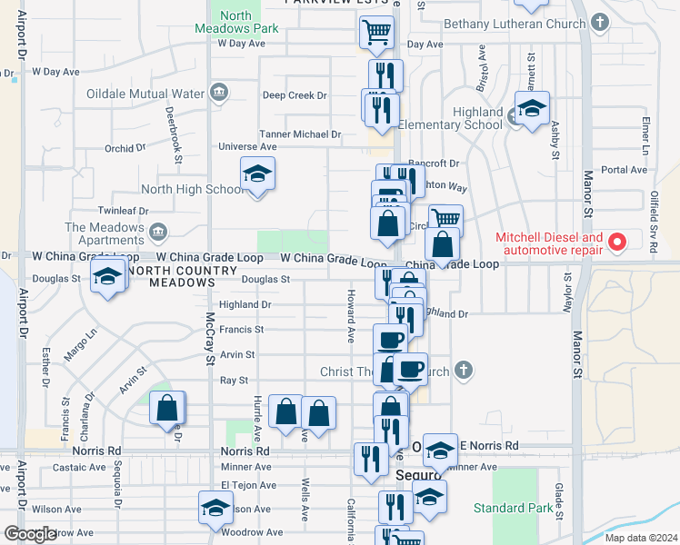 map of restaurants, bars, coffee shops, grocery stores, and more near 201 West China Grade Loop in Bakersfield