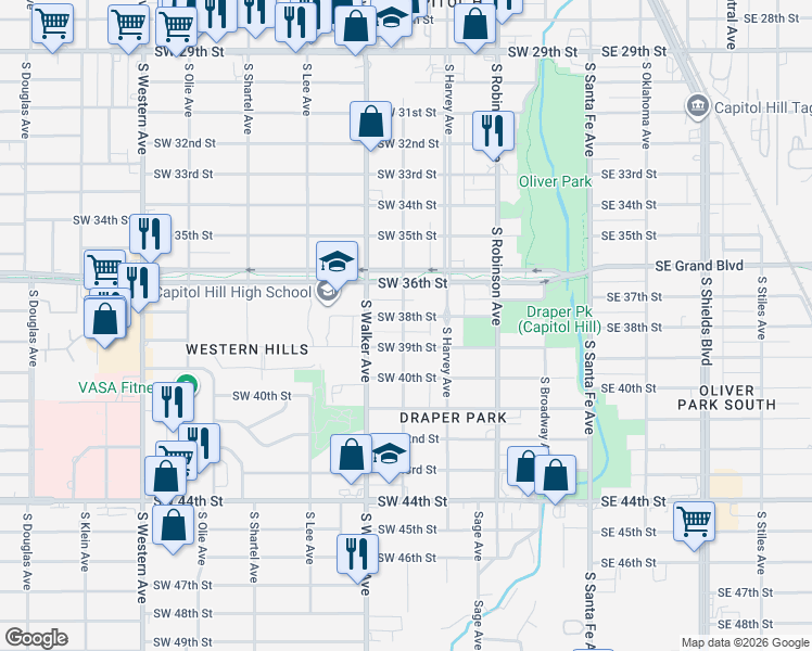 map of restaurants, bars, coffee shops, grocery stores, and more near 327 Southwest 38th Street in Oklahoma City