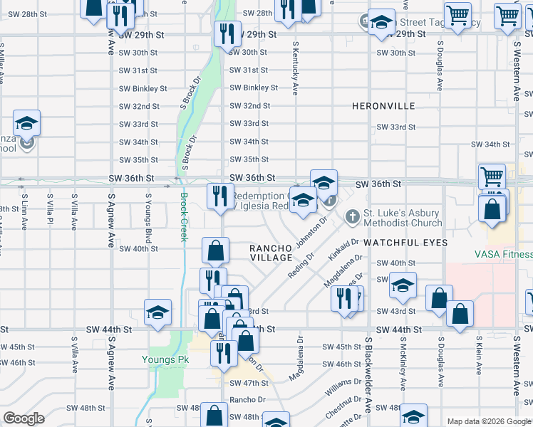 map of restaurants, bars, coffee shops, grocery stores, and more near 1528 Southwest 37th Street in Oklahoma City
