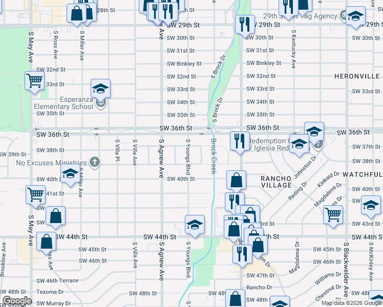 map of restaurants, bars, coffee shops, grocery stores, and more near 2301 Southwest 38th Street in Oklahoma City