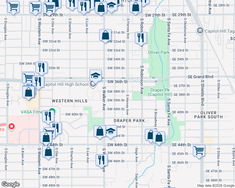 map of restaurants, bars, coffee shops, grocery stores, and more near 327 Southwest 38th Street in Oklahoma City