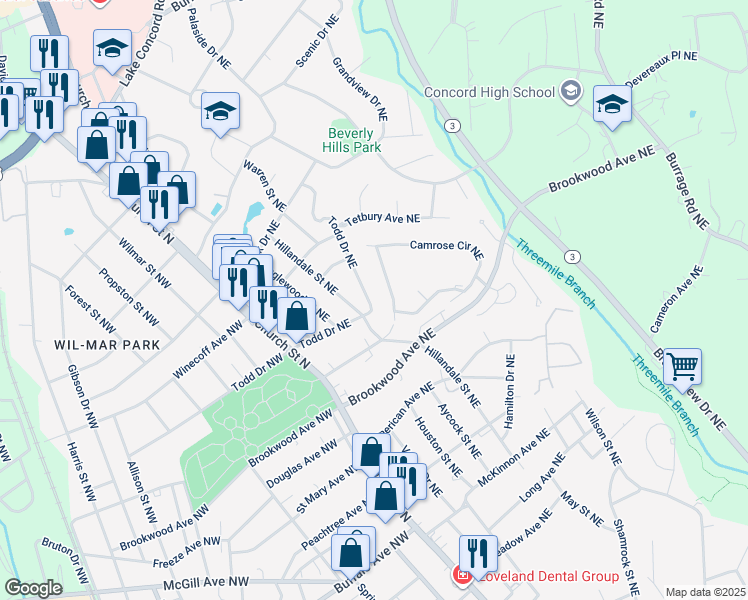 map of restaurants, bars, coffee shops, grocery stores, and more near 494 Todd Drive Northeast in Concord