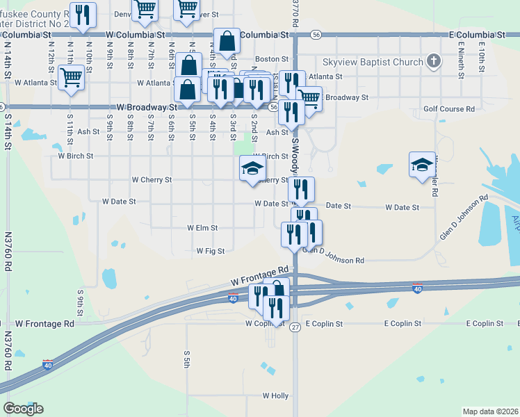 map of restaurants, bars, coffee shops, grocery stores, and more near 107 West Date Street in Okemah