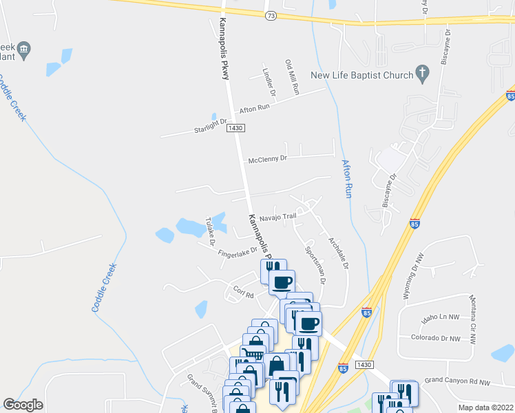 map of restaurants, bars, coffee shops, grocery stores, and more near 810 Kannapolis Parkway in Concord