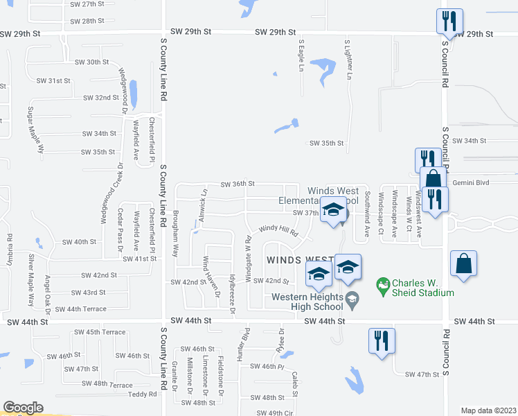 map of restaurants, bars, coffee shops, grocery stores, and more near 8529 Southwest 37th Street in Oklahoma City