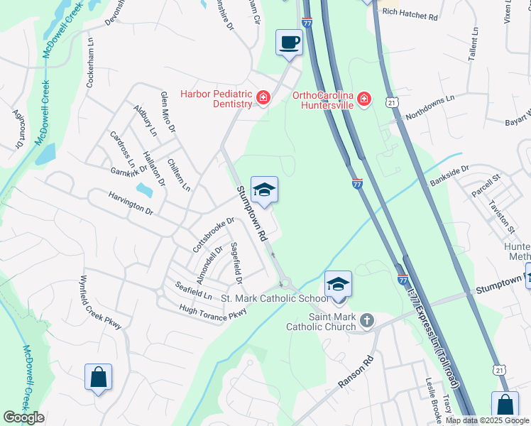 map of restaurants, bars, coffee shops, grocery stores, and more near 15410 Stumptown Road in Huntersville
