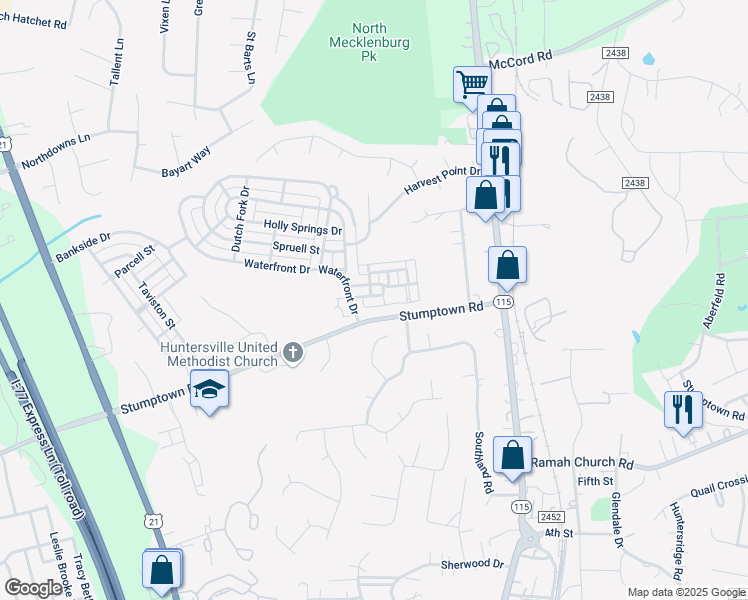 map of restaurants, bars, coffee shops, grocery stores, and more near 14942 Shinner Drive in Huntersville