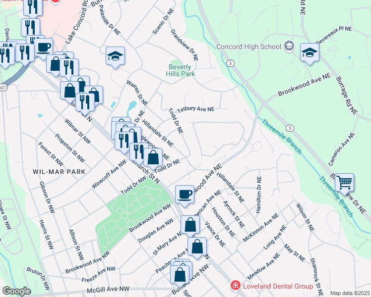 map of restaurants, bars, coffee shops, grocery stores, and more near 514 Todd Drive Northeast in Concord