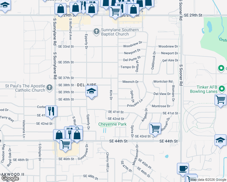 map of restaurants, bars, coffee shops, grocery stores, and more near 3901 Vickie Drive in Del City