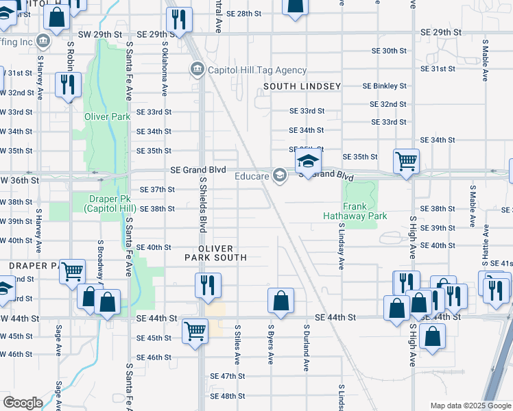 map of restaurants, bars, coffee shops, grocery stores, and more near 301 Southeast Grand Boulevard in Oklahoma City