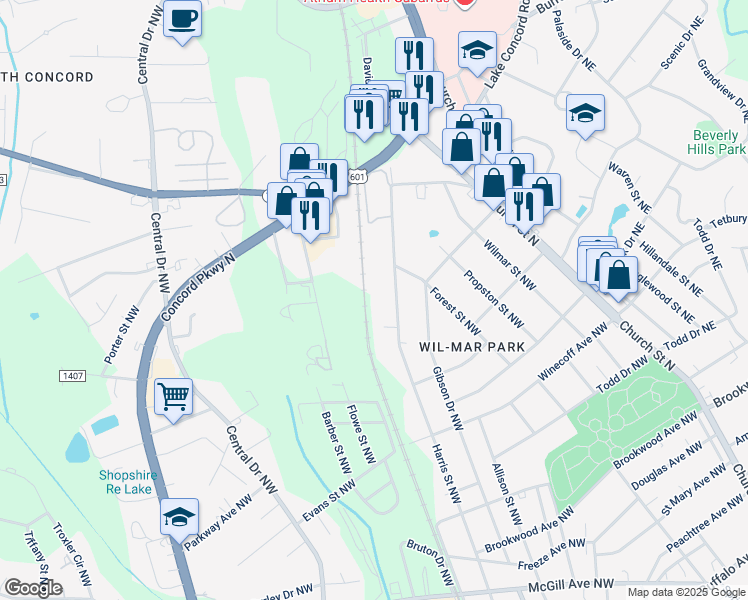 map of restaurants, bars, coffee shops, grocery stores, and more near 757 Harris Street Northwest in Concord