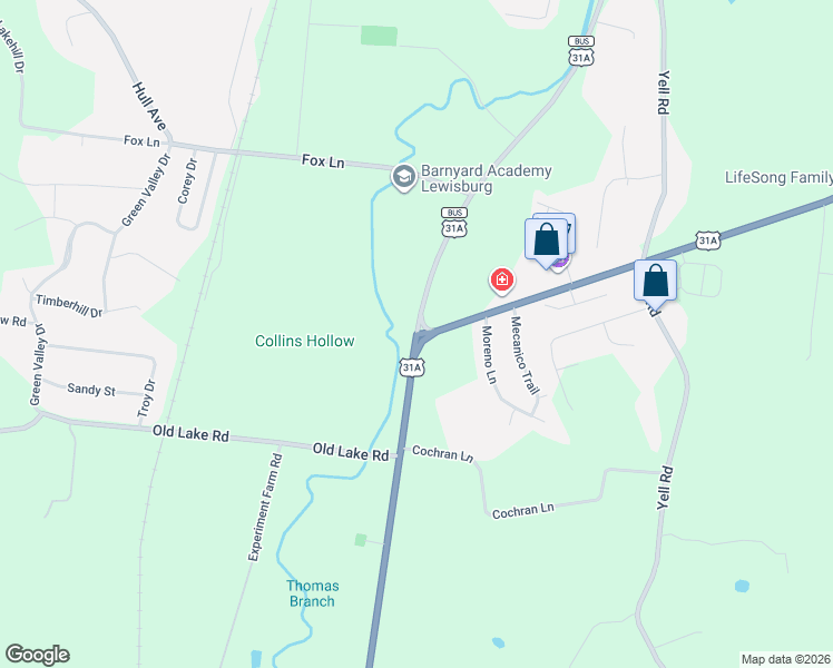 map of restaurants, bars, coffee shops, grocery stores, and more near Cornersville Highway in Lewisburg