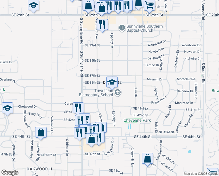 map of restaurants, bars, coffee shops, grocery stores, and more near 4432 Southeast 38th Street in Del City